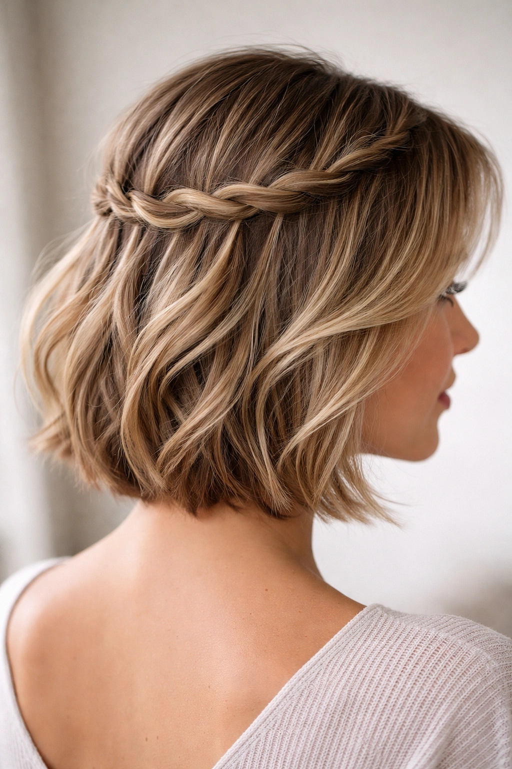Close-up of a short layered bob with thin twists forming a halo around the crown