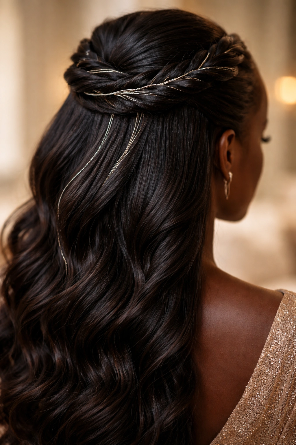 Crown twists with metallic accents woven through, half-up hairstyle