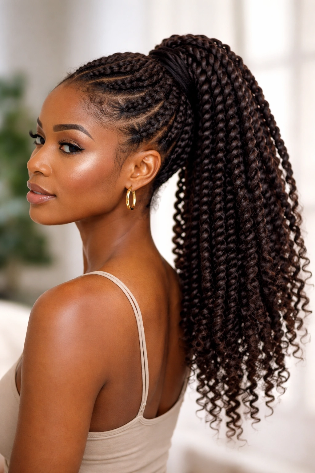 High ponytail with spiral two-strand twists