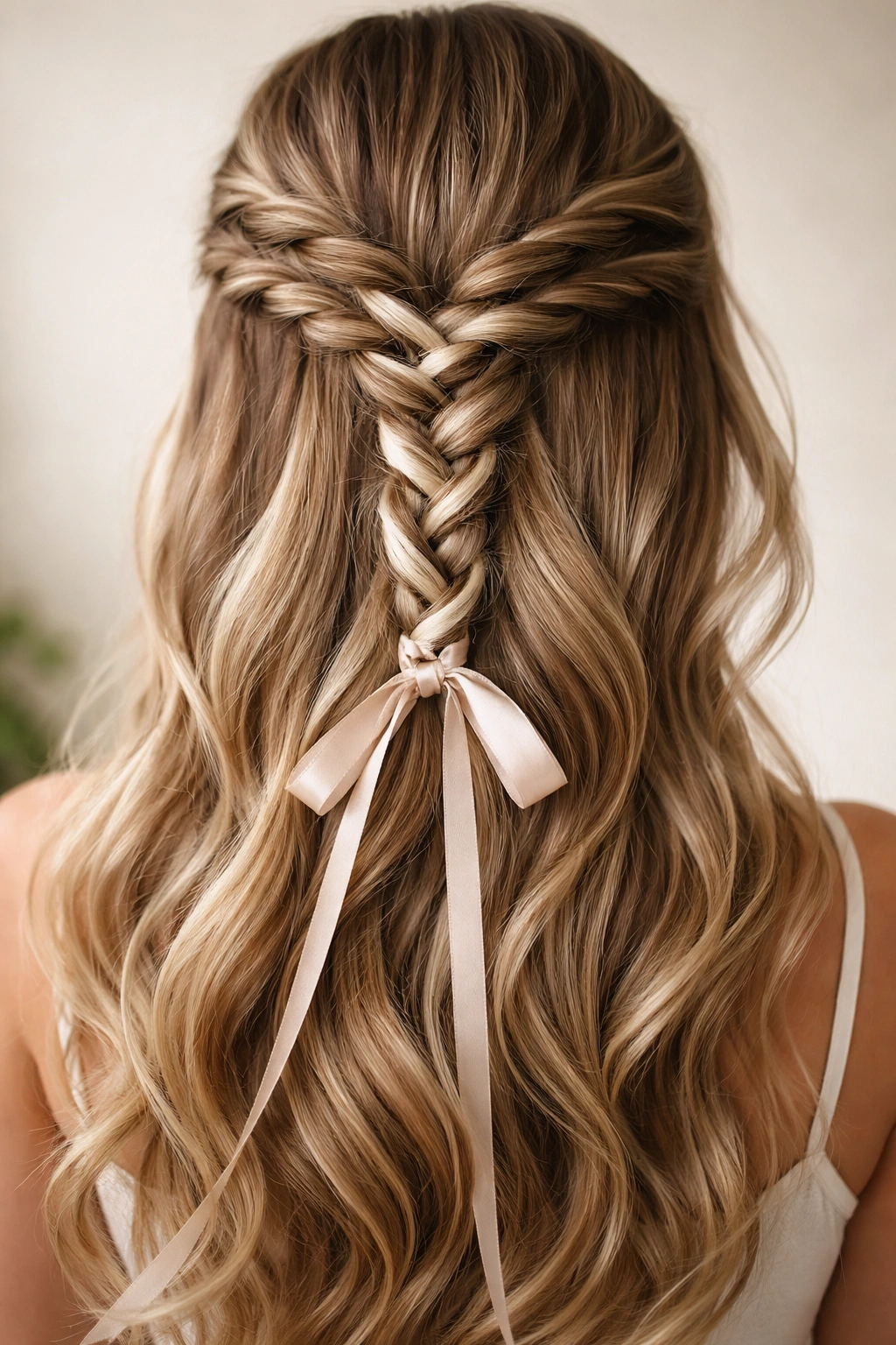 Half-up hair with twisted sections and ribbon threaded through them
