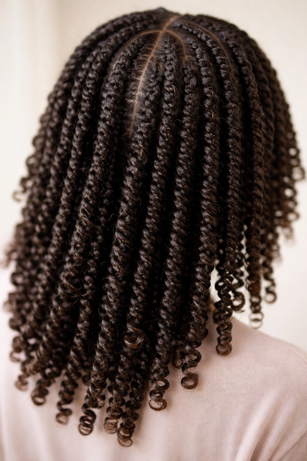 Close-up of defined two-strand twists on coily hair