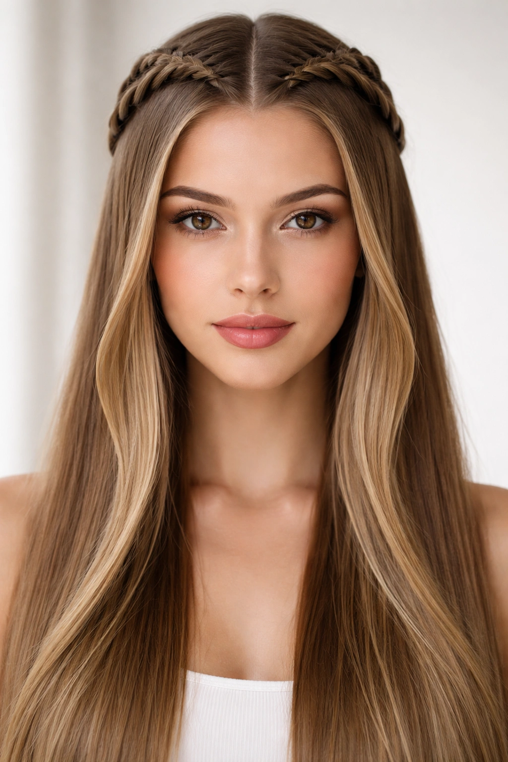 Front view of two French braids forming a crown with straight hair beneath