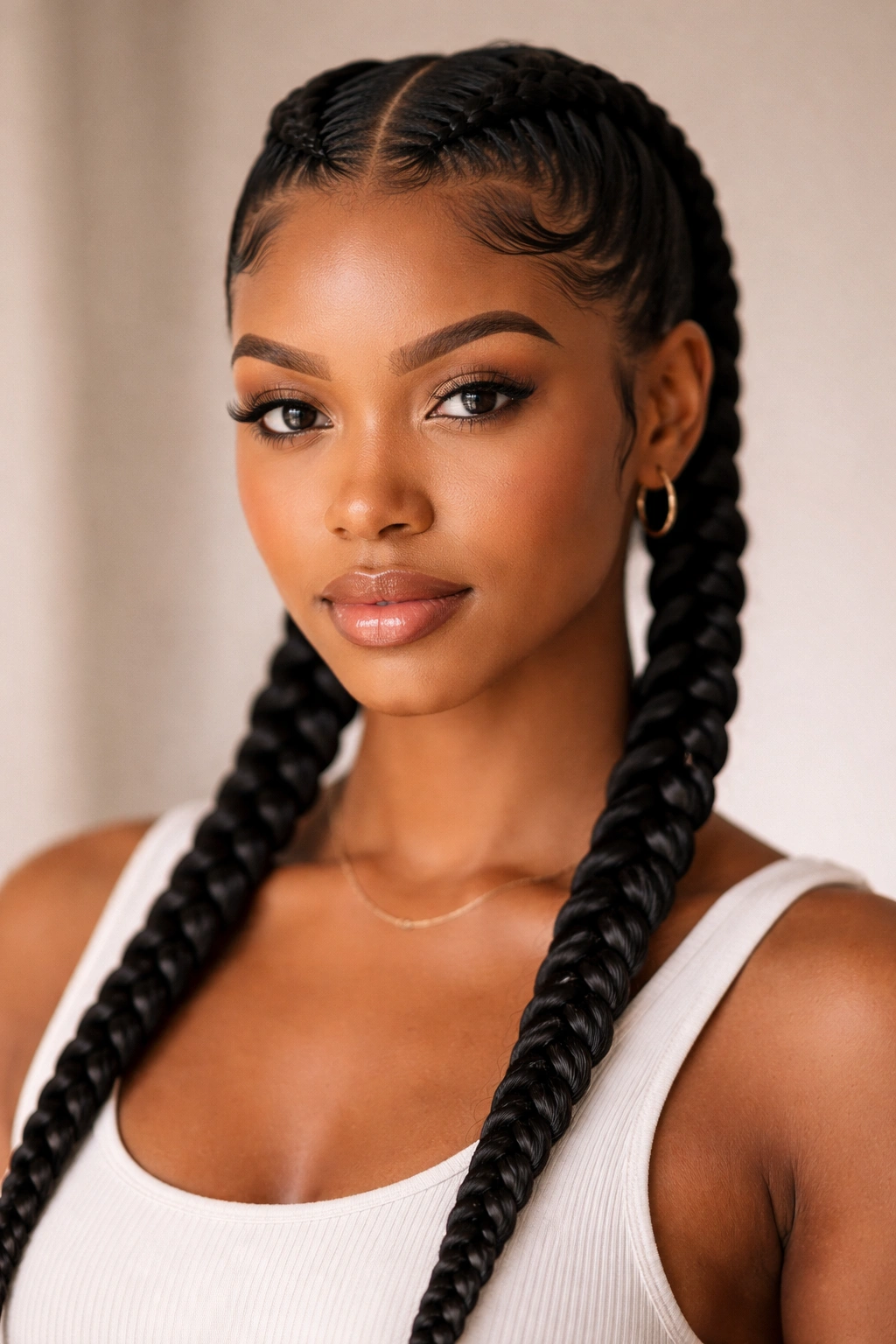 Close-up of two symmetrical feed-in cornrows starting at the hairline framing the face