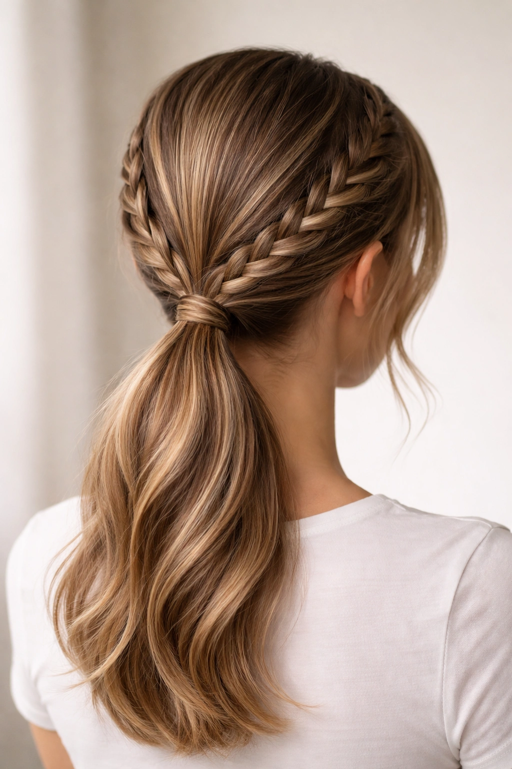 Close-up of a classic two-braid low ponytail with symmetrical braids meeting at the nape