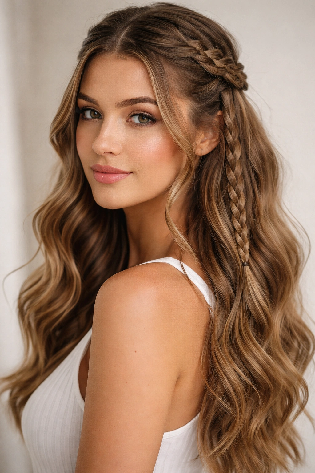Close-up of two side braids half-up with center-part on wavy hair