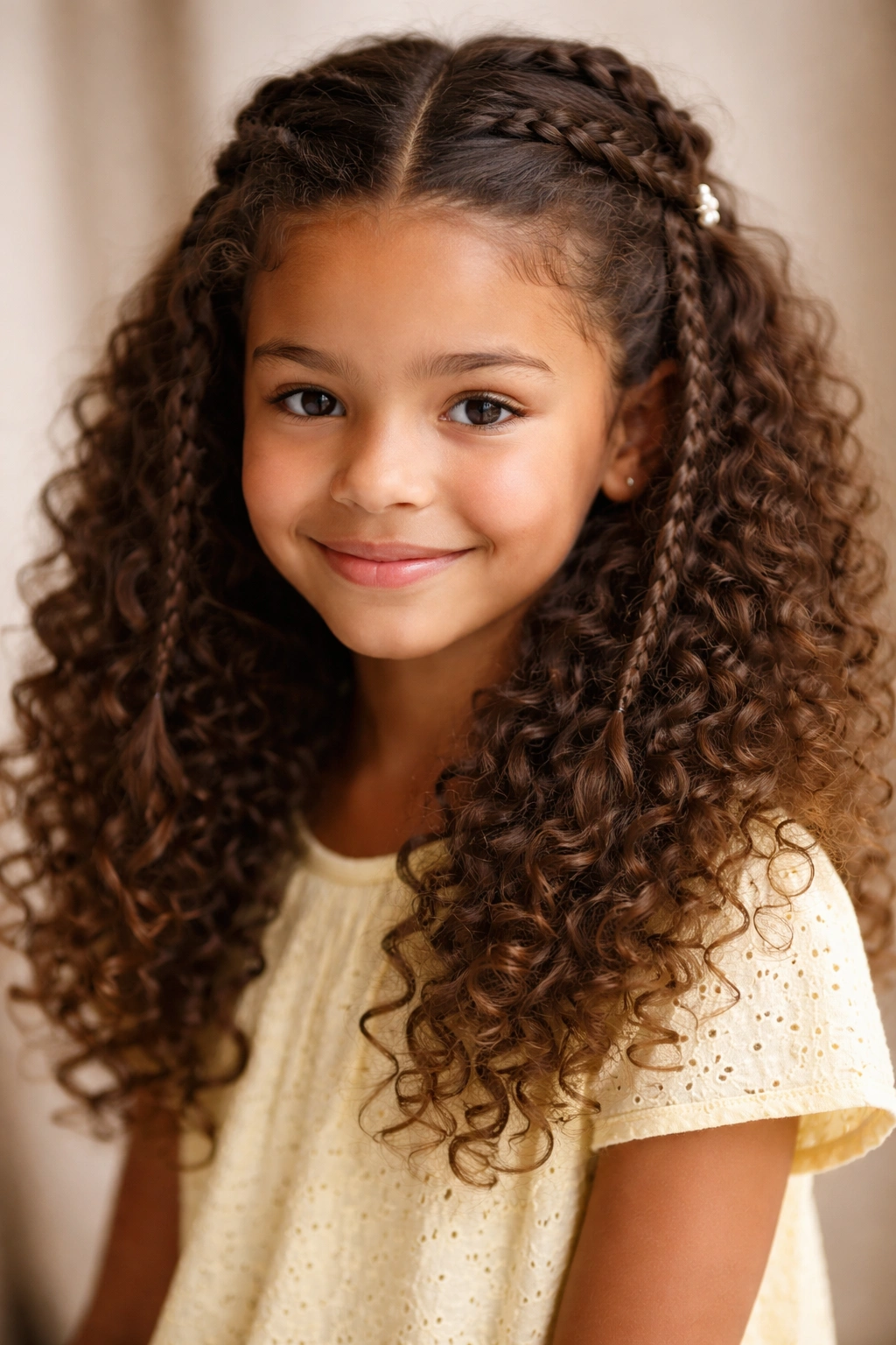 Two small braids on each side meeting at the back above loose curly hair.