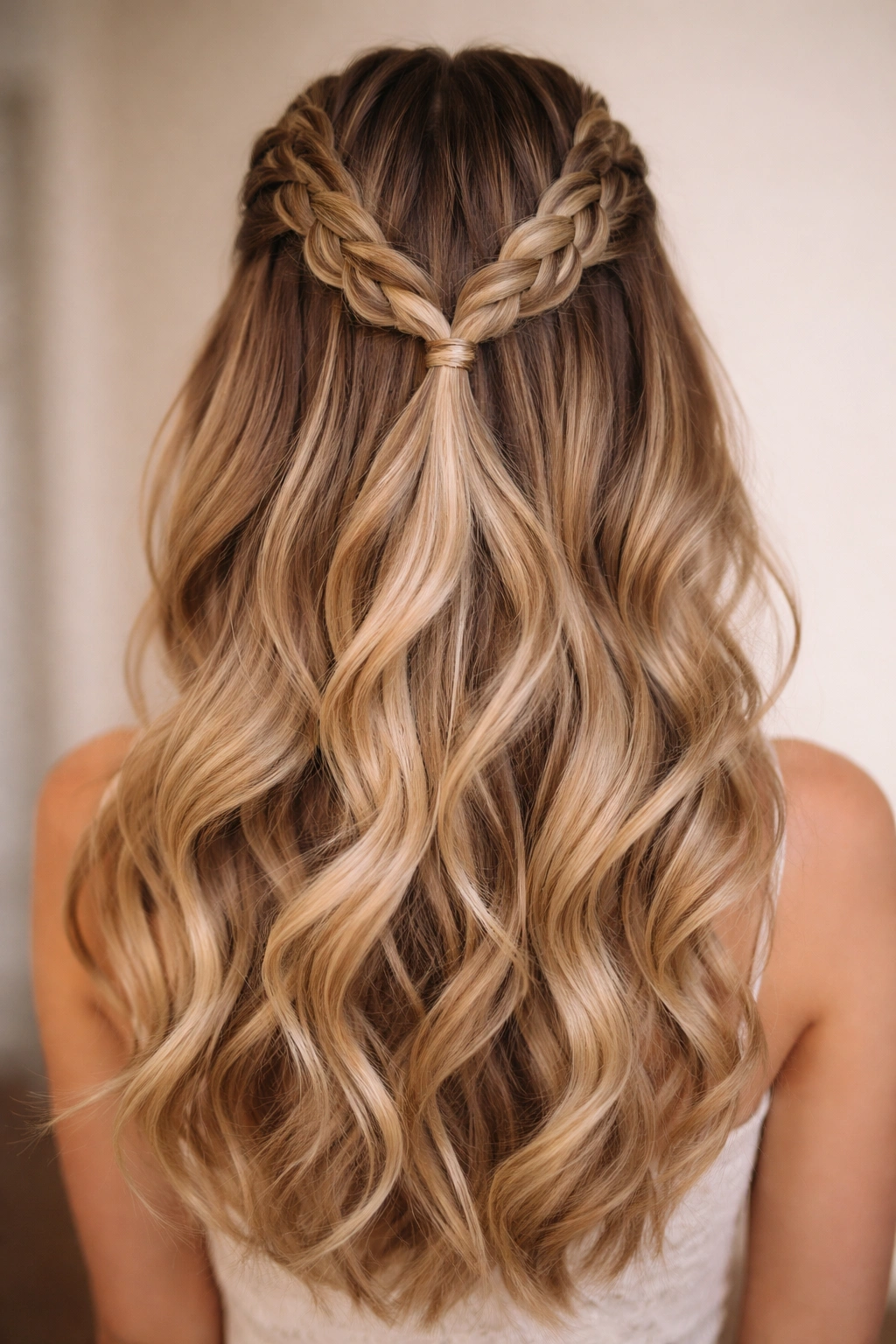 Two-braid half-up style with voluminous waves