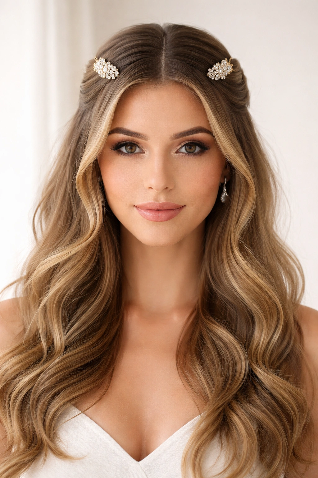Close-up of a symmetrical two-clip half-up hairstyle with a centered part and decorative clips