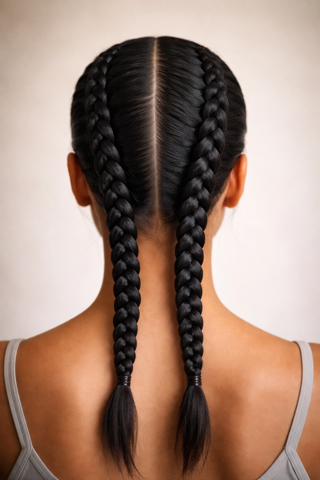 Close-up of two parallel cornrows running down the back of the head, centered part.