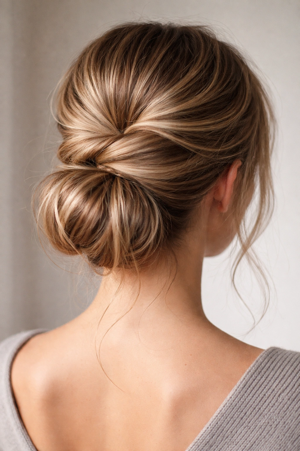Back view of a two-section twisted bun with volume