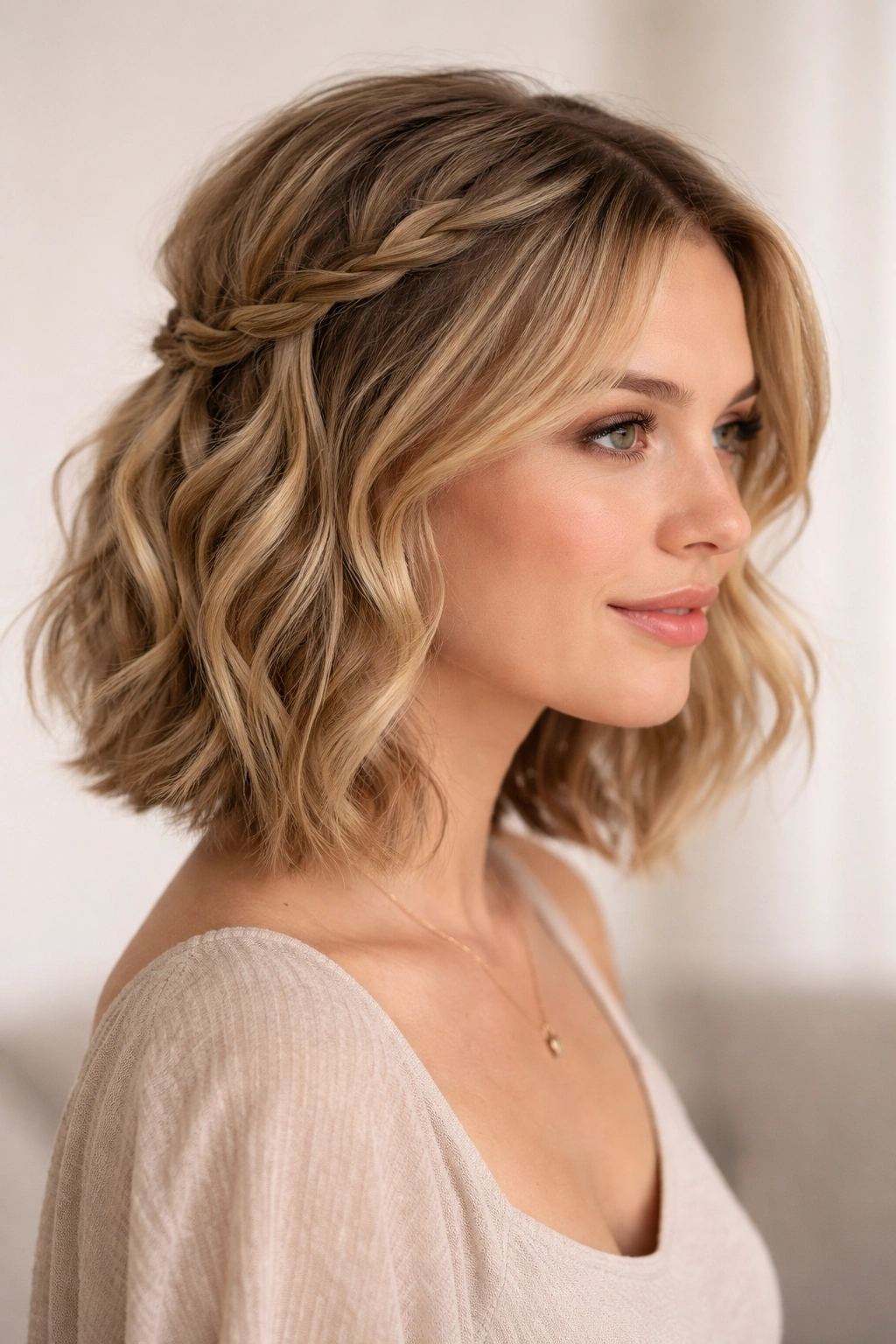 Short wavy hair with two small loose braids from temples tied at the back