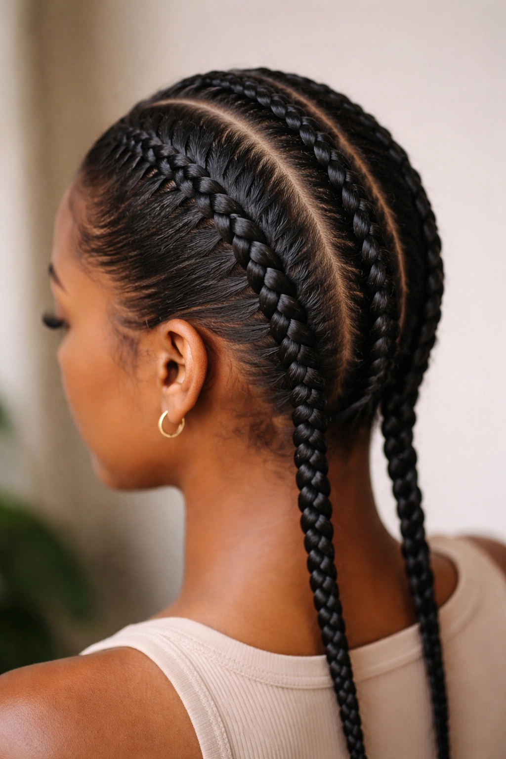 Close-up of two parallel cornrows along the scalp
