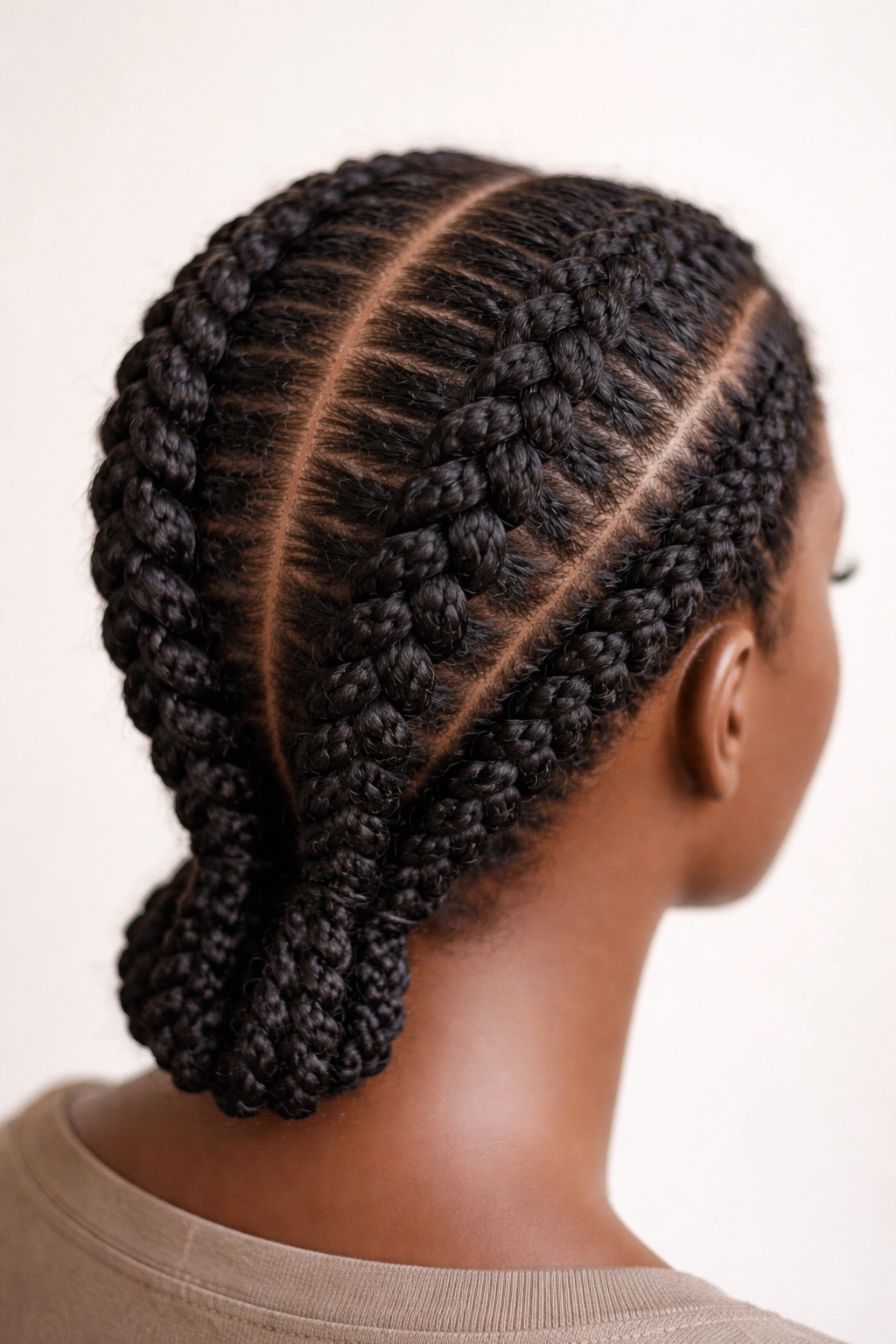 Close-up of classic two-strand cornrows with deep parts on a mannequin head, showing natural coil pattern.