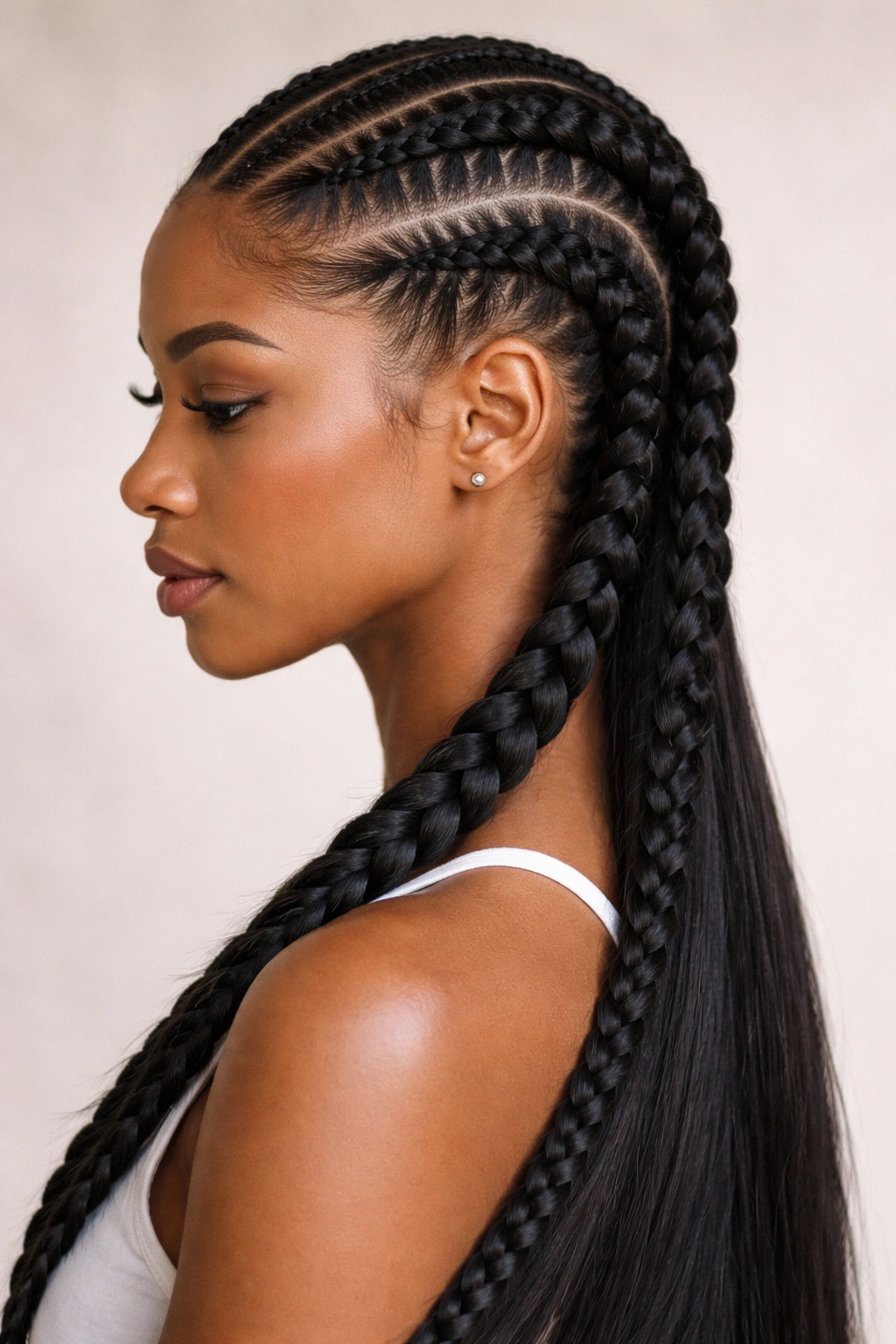 Close-up profile of sleek two-strand feed-in cornrows along the scalp
