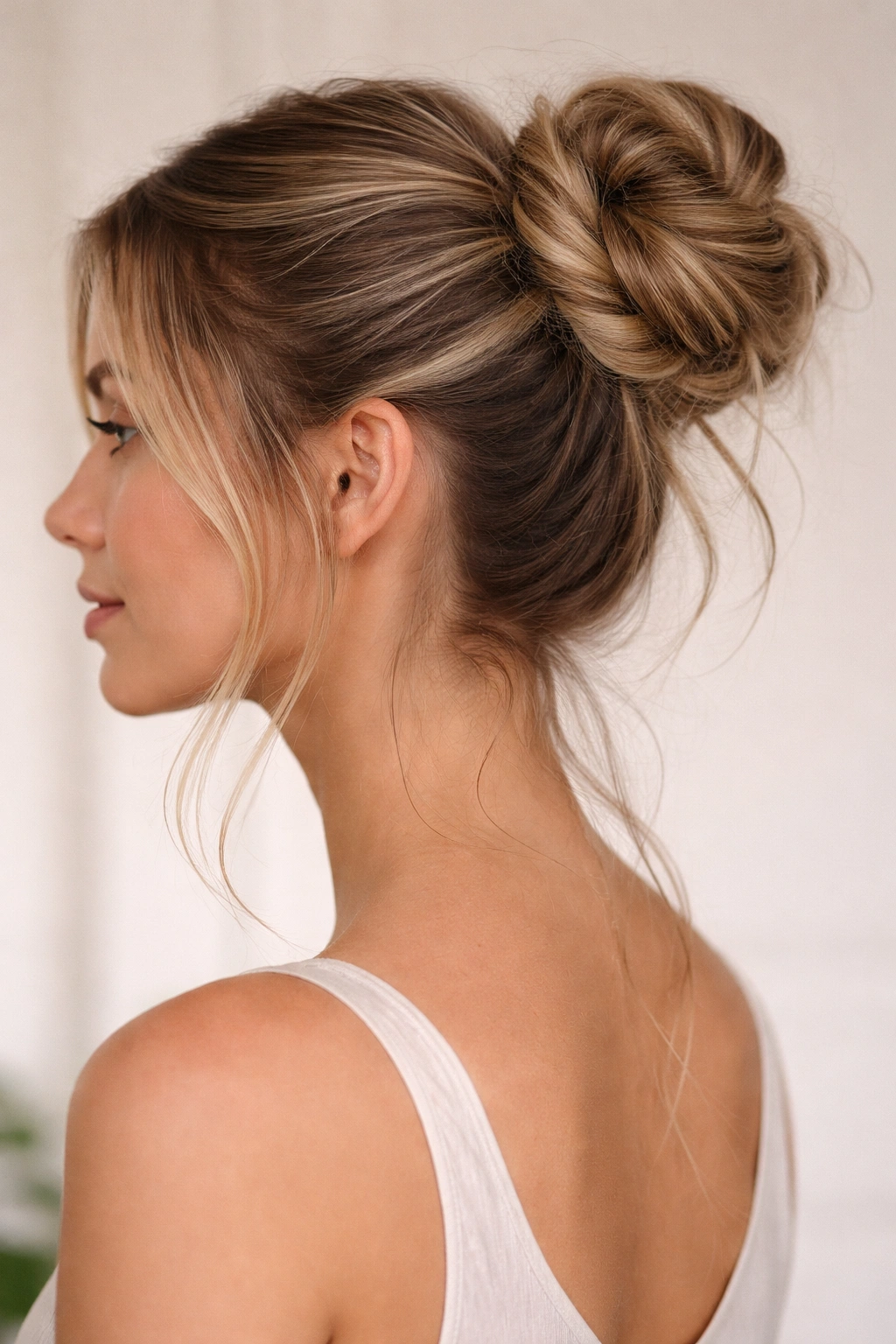 High ponytail twisted into a two-strand rope, wrapped into a textured bun.