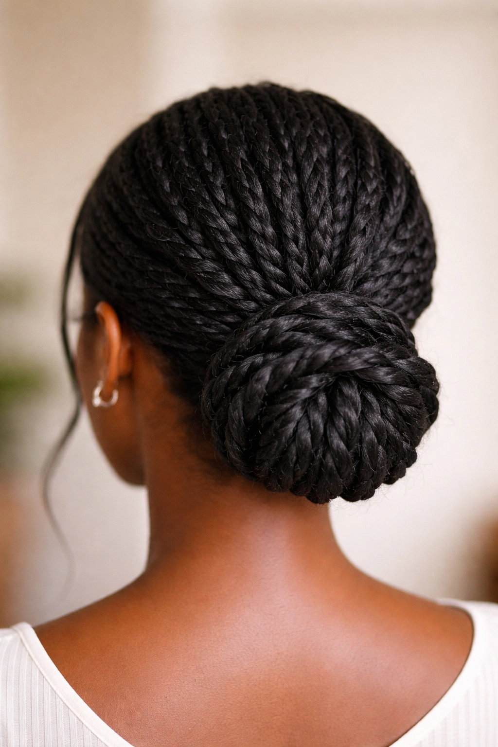Two-strand twist low bun showing uniform twists throughout the bun