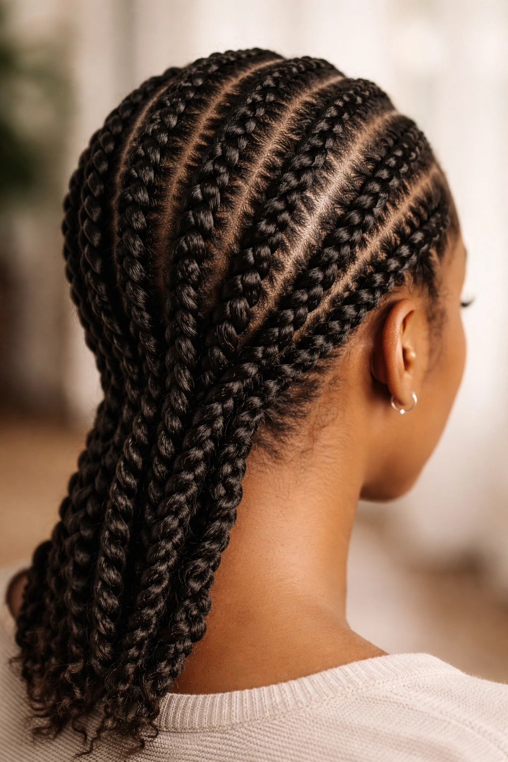 Back view of two-strand twist cornrows with rounded pattern