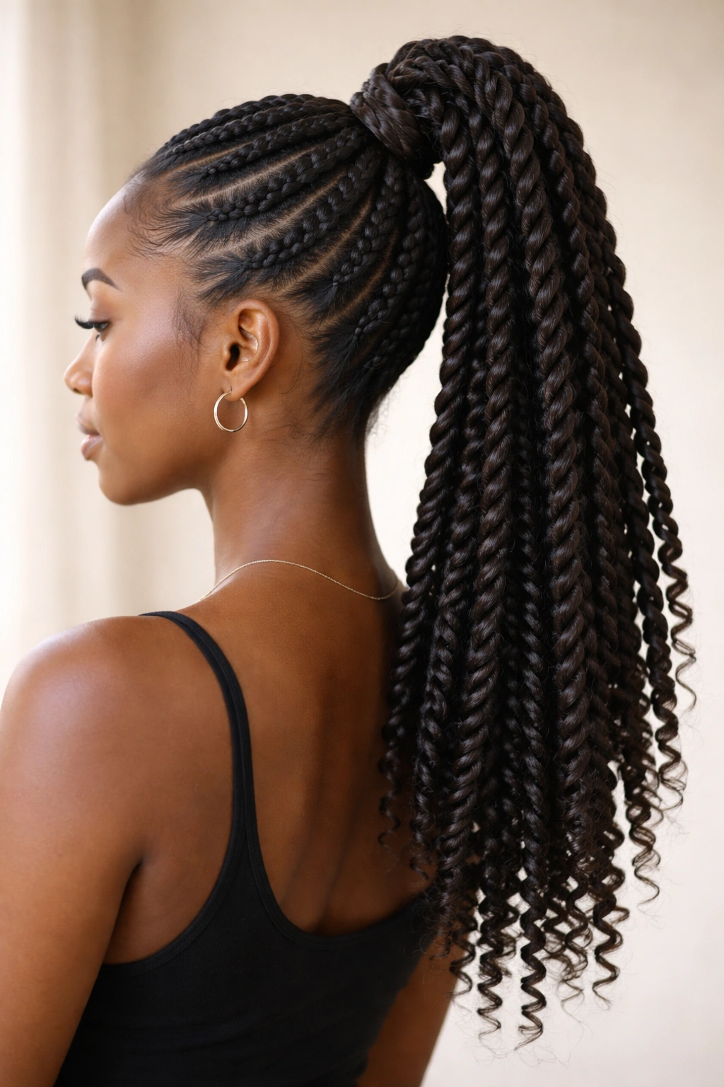 Close-up of a high ponytail with two-strand twists along the length