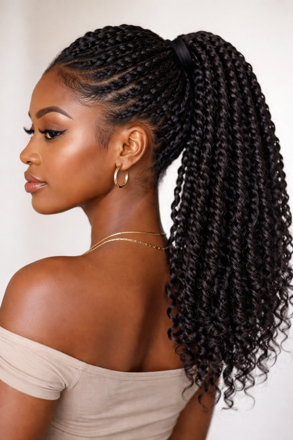 Two-strand twist ponytail with rope-like twists in a high ponytail