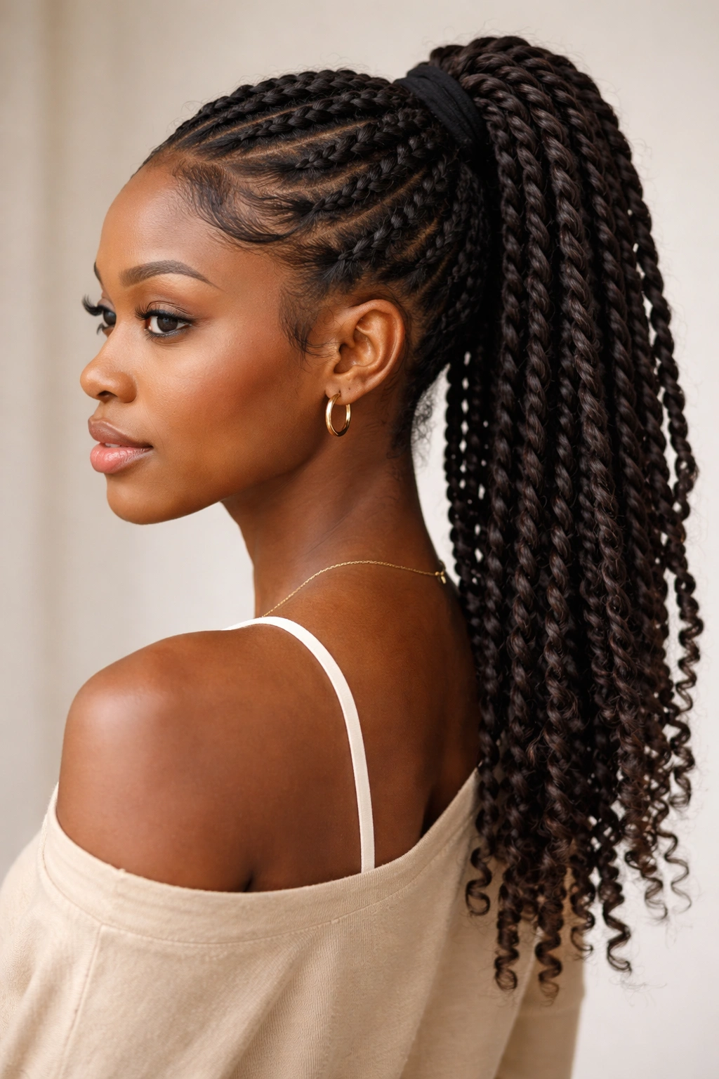 Close-up of a Black woman with two-strand twists in a ponytail