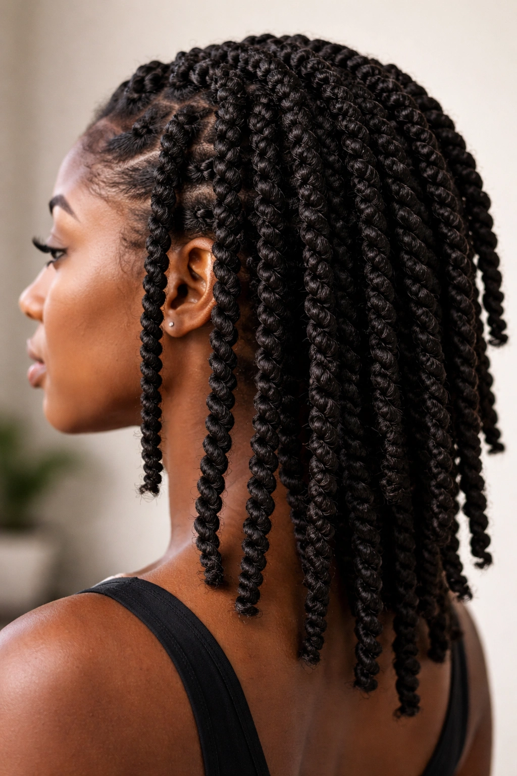 Close-up of two-strand twists on 4C hair with defined texture
