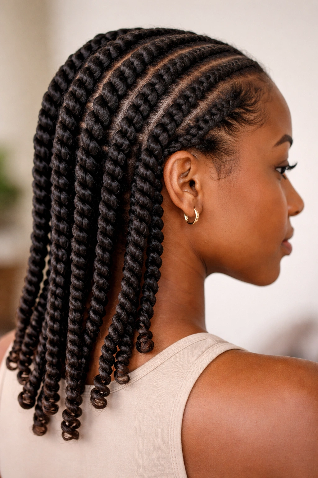 Close-up of two-strand twists with defined texture on coily hair