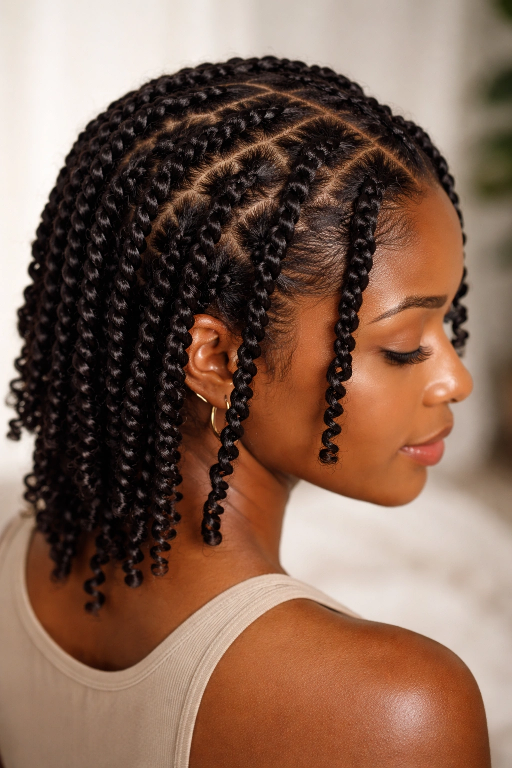 Head with even two-strand twists on damp coils, neat and defined
