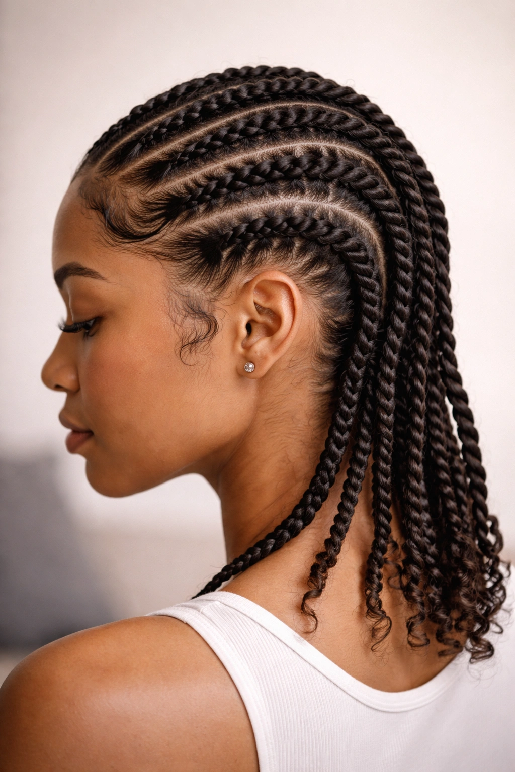 Close-up of two-strand twisted cornrows along the scalp from hairline to nape