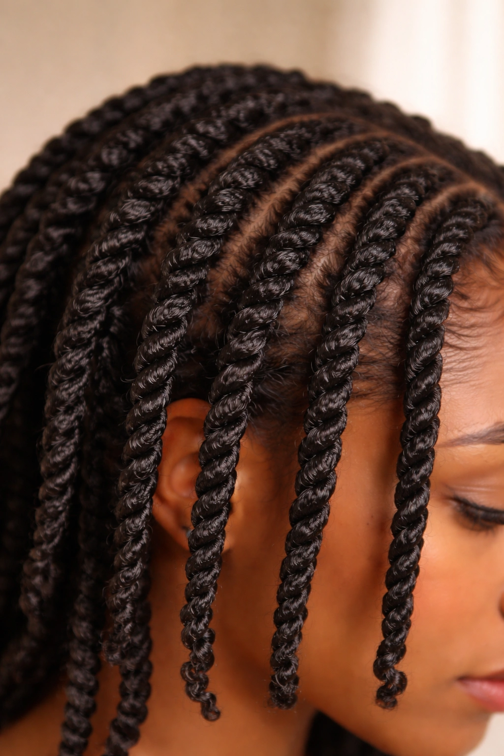 Close-up of two-strand twists in curly hair showing rope-like pattern