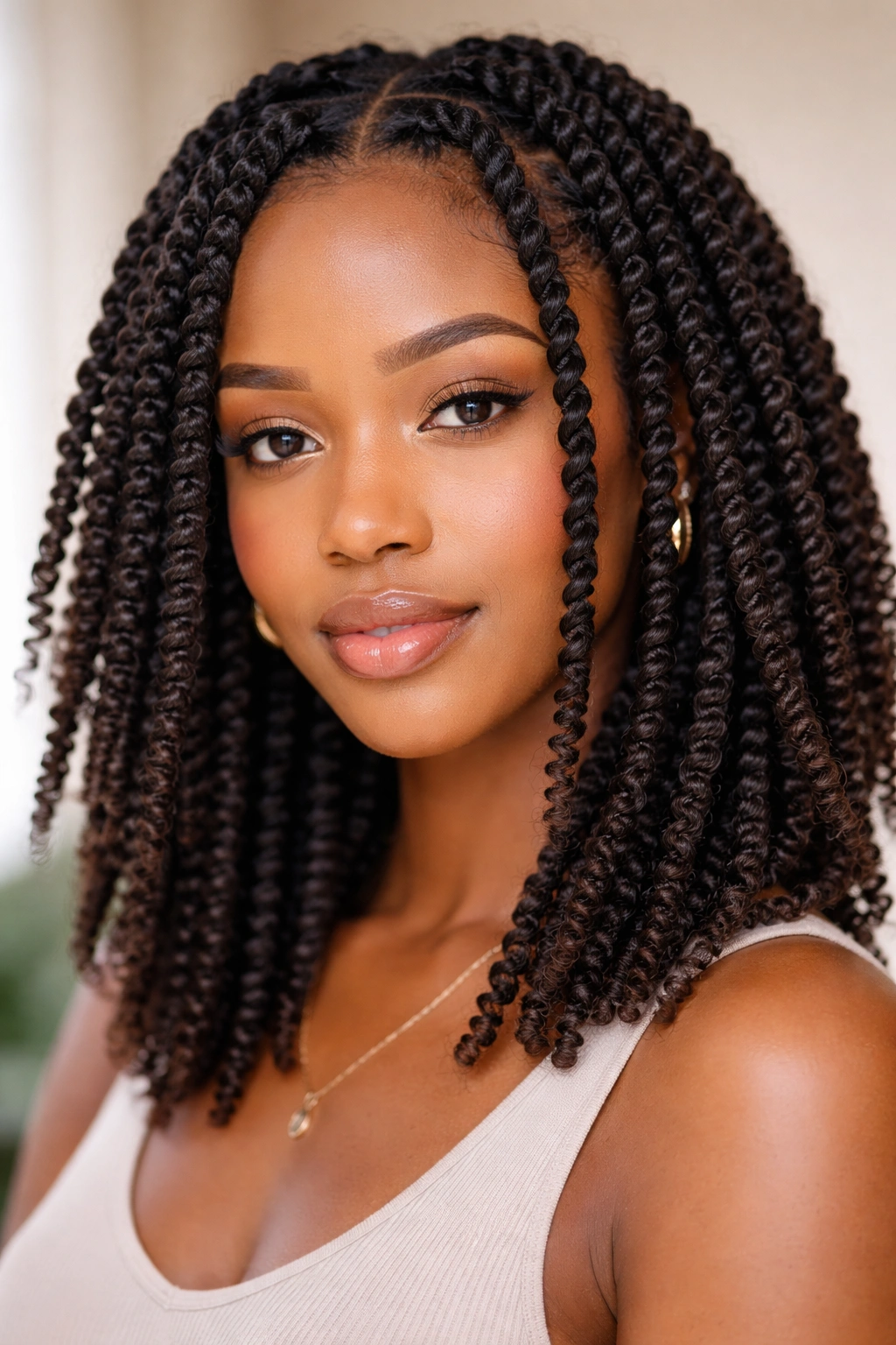 Close-up of defined two-strand twists on coily hair