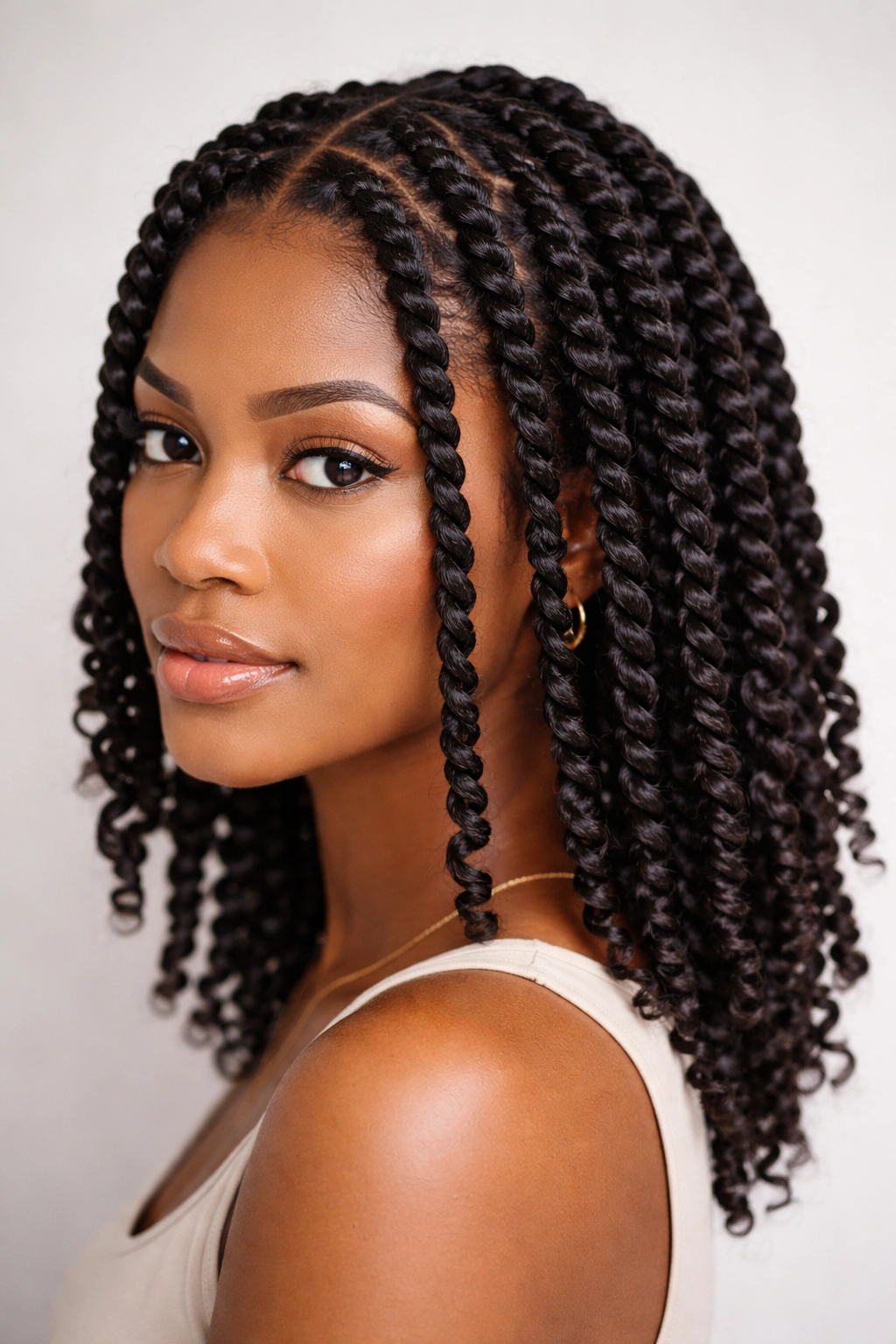 Close-up of classic two-strand twists with defined coils on coily hair in studio