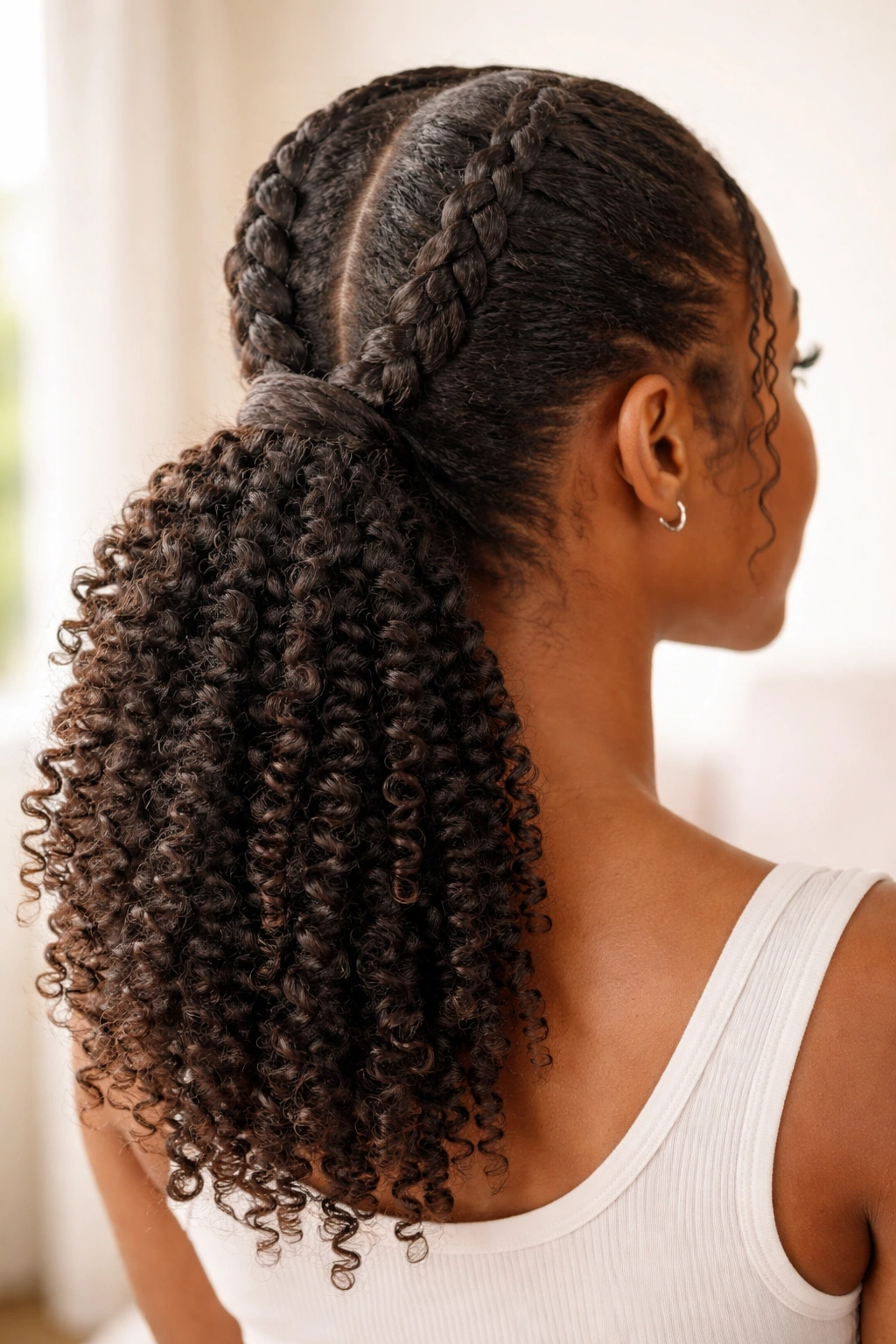 Two thick twists meeting in a ponytail with kinky coils accent