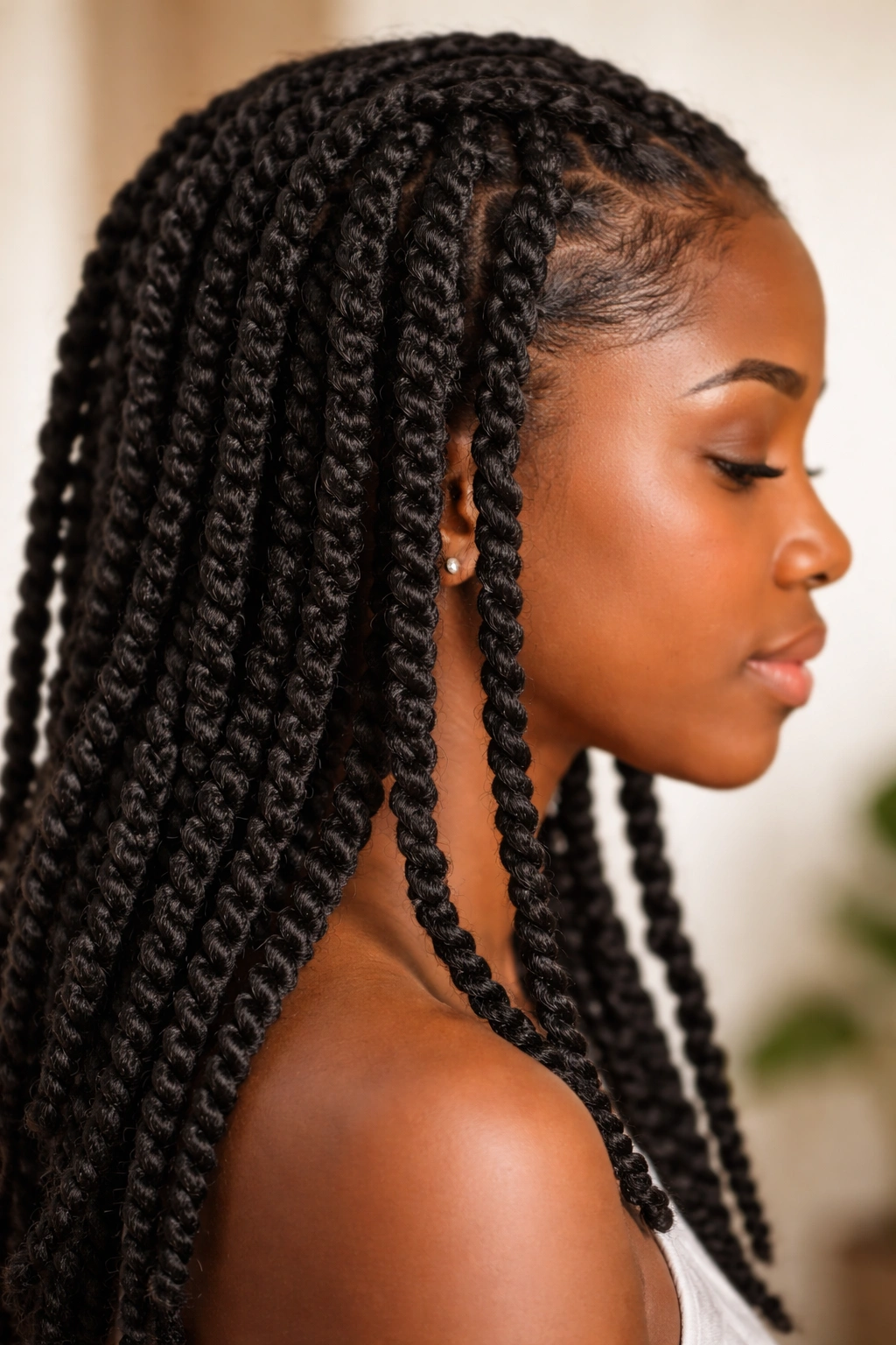 Close-up of two-strand twists on natural hair showing spiral texture