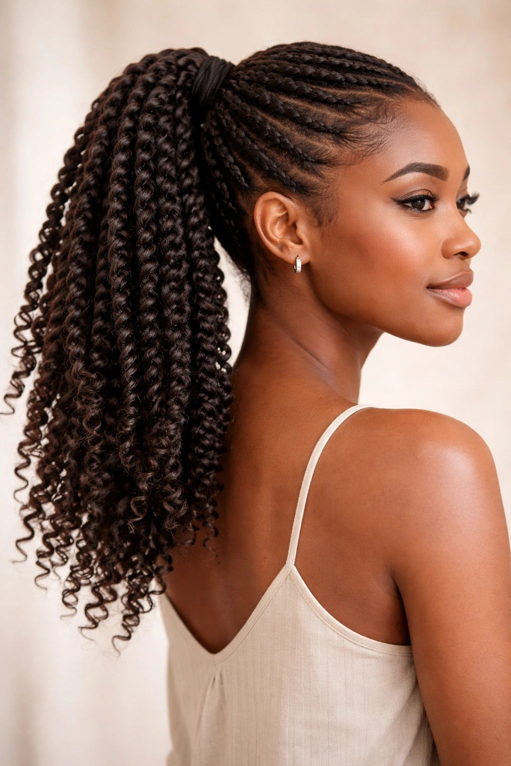 Thick two-strand twists forming a high ponytail with buoyant texture