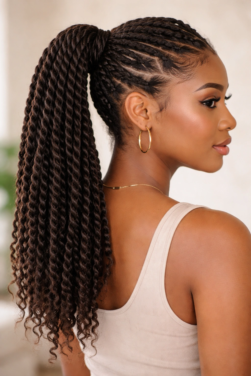 Two-strand twists forming a rope-like ponytail