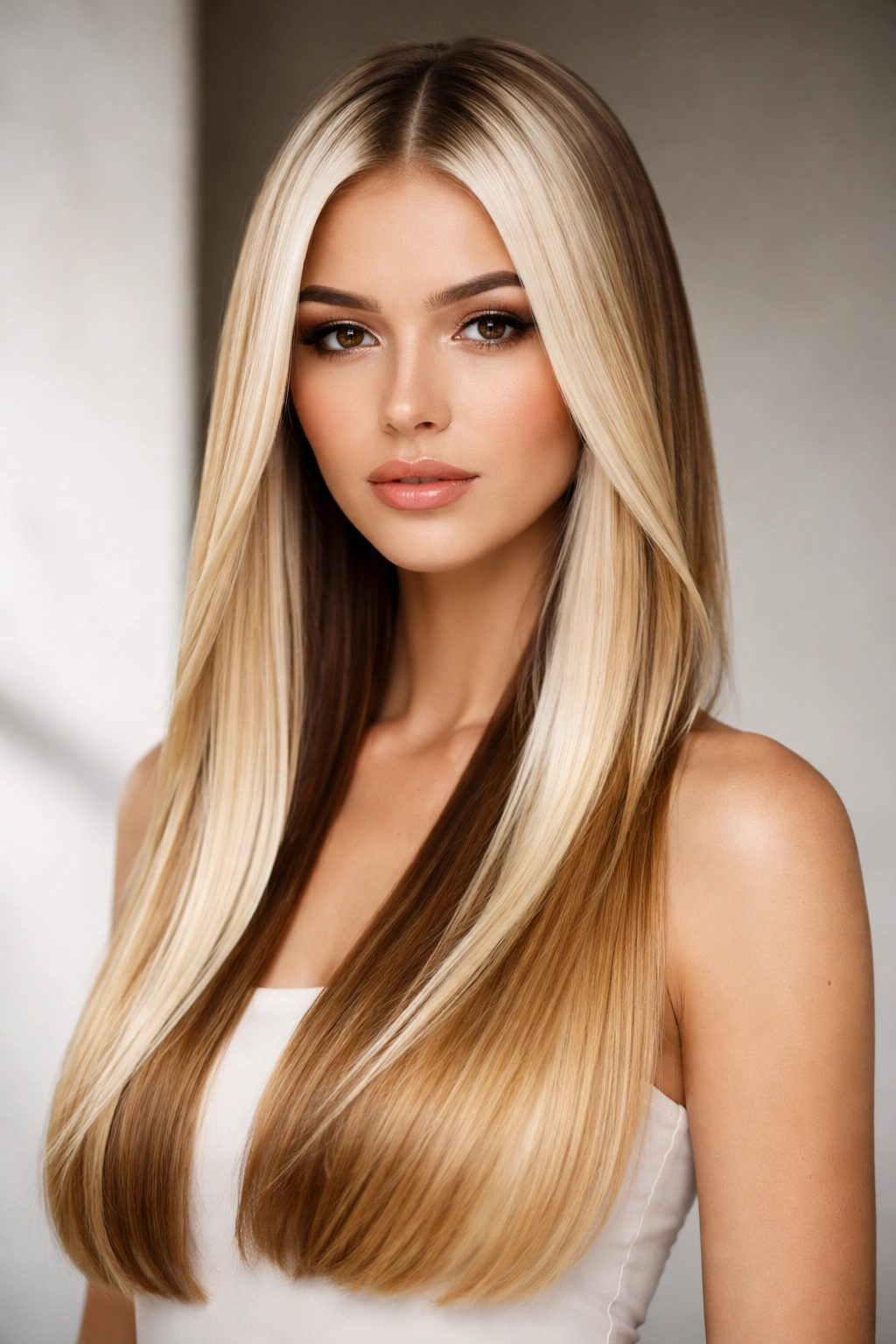 Straight hair with a bold two-tone blonde contrast in defined zones.