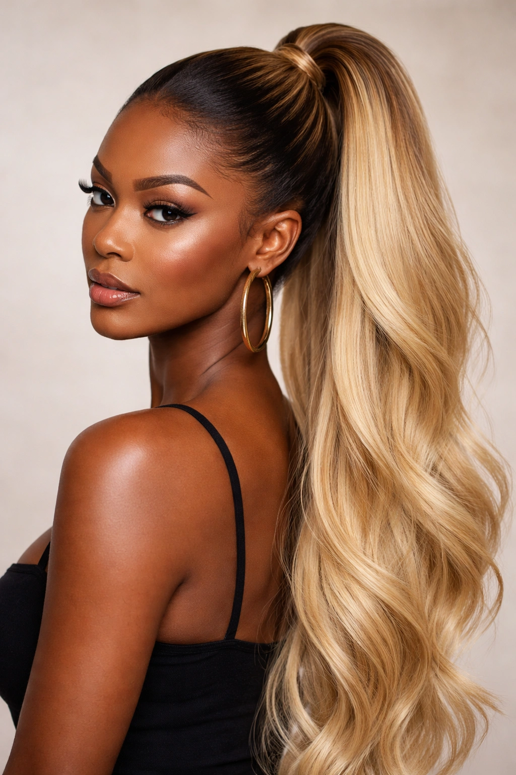 Two-tone blonde ponytail with darker roots at the crown