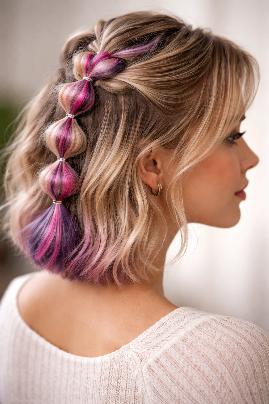 Bubble braid on short hair with two-tone colored extensions showing stripes