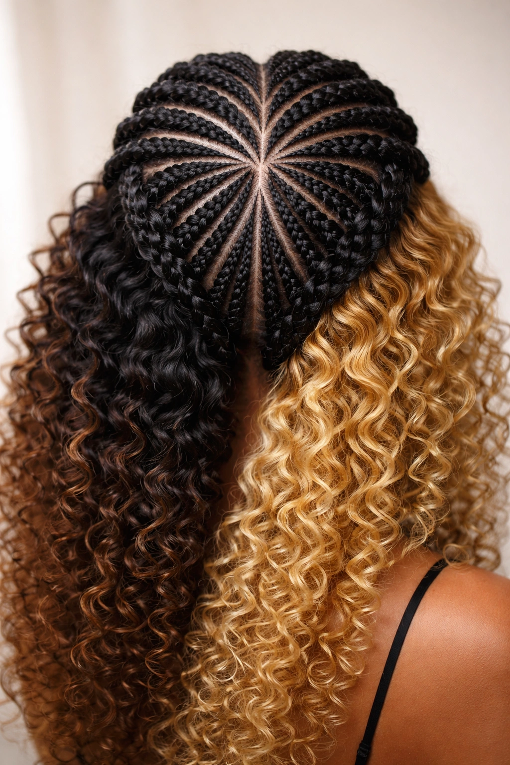 Two-tone butterfly cornrows with contrasting curls close-up