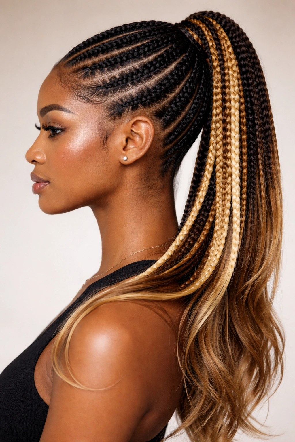 Two-tone cornrow ponytail with contrasting color braids