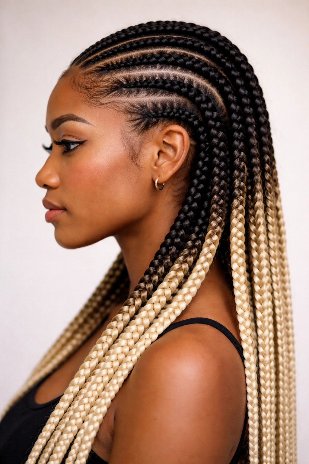 Two-tone cornrows with contrasting box braids