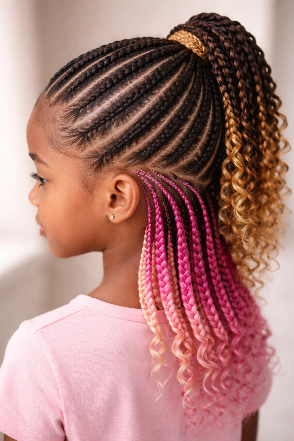 Close-up of a child’s head with two-tone cornrows and color blocking on top and bottom sections.