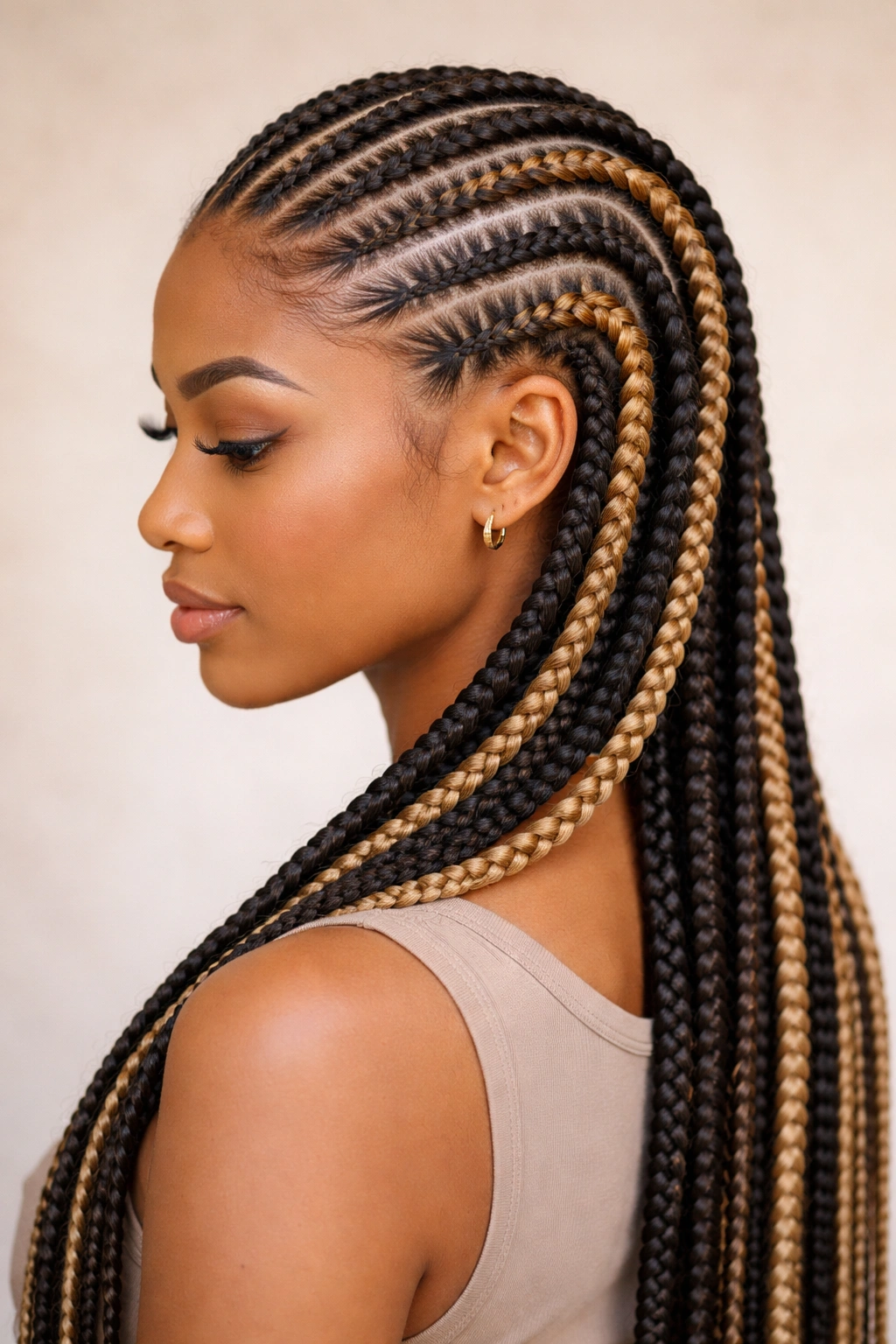 Two-tone cornrows with two color extensions in alternating braids