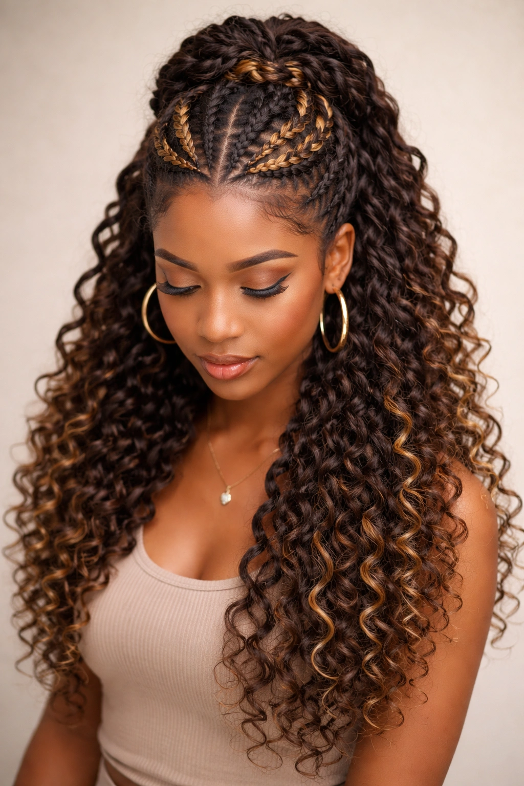 Two-tone crochet braids at crown with loose curls underneath