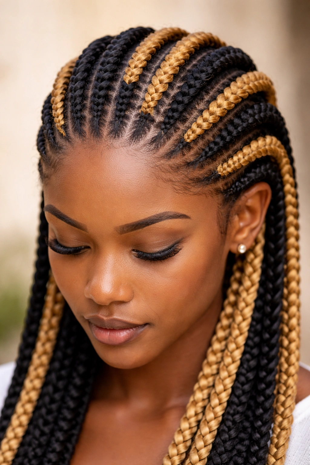 Close-up of two-tone crochet cornrows showing alternating colors