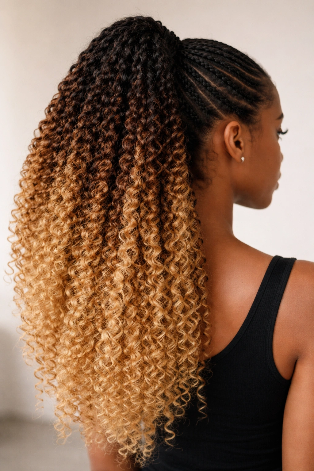 Close-up of a two-tone crochet ponytail showing distinct color blocks