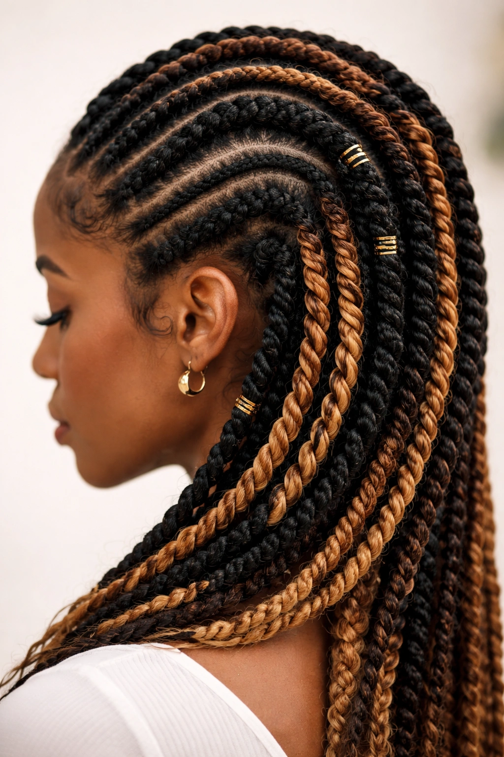 Close-up of two-tone Fulani twists with color blend on 4C hair