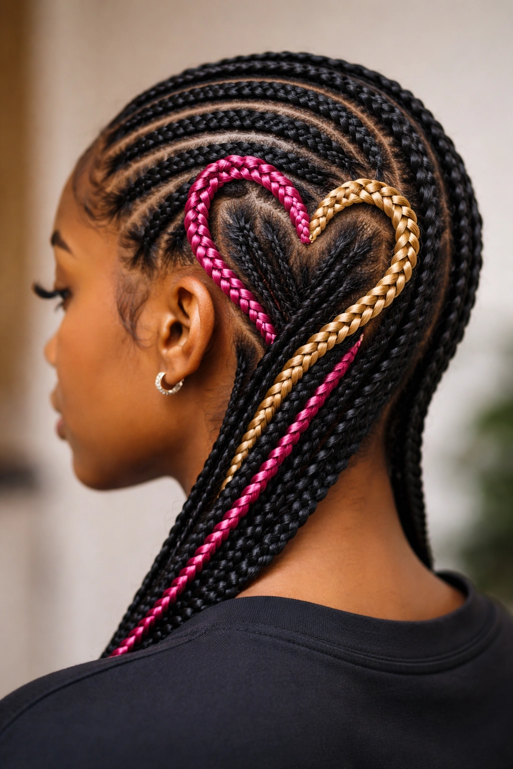 Two-tone heart braid design with contrasting thread colors