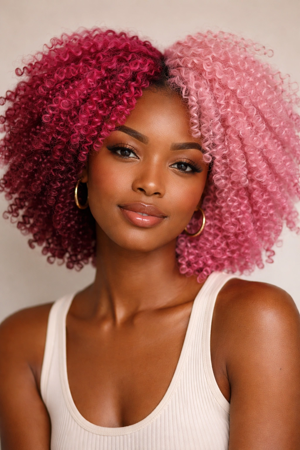 Two-tone pink coily hair with split color across curls.