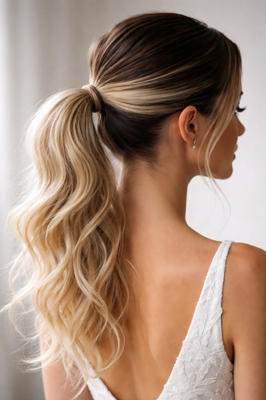 Close-up of a two-tone ponytail with a sleek top and textured loose ponytail, bridal hair